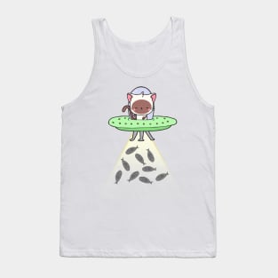 Funny white Cat is flying a spaceship Tank Top